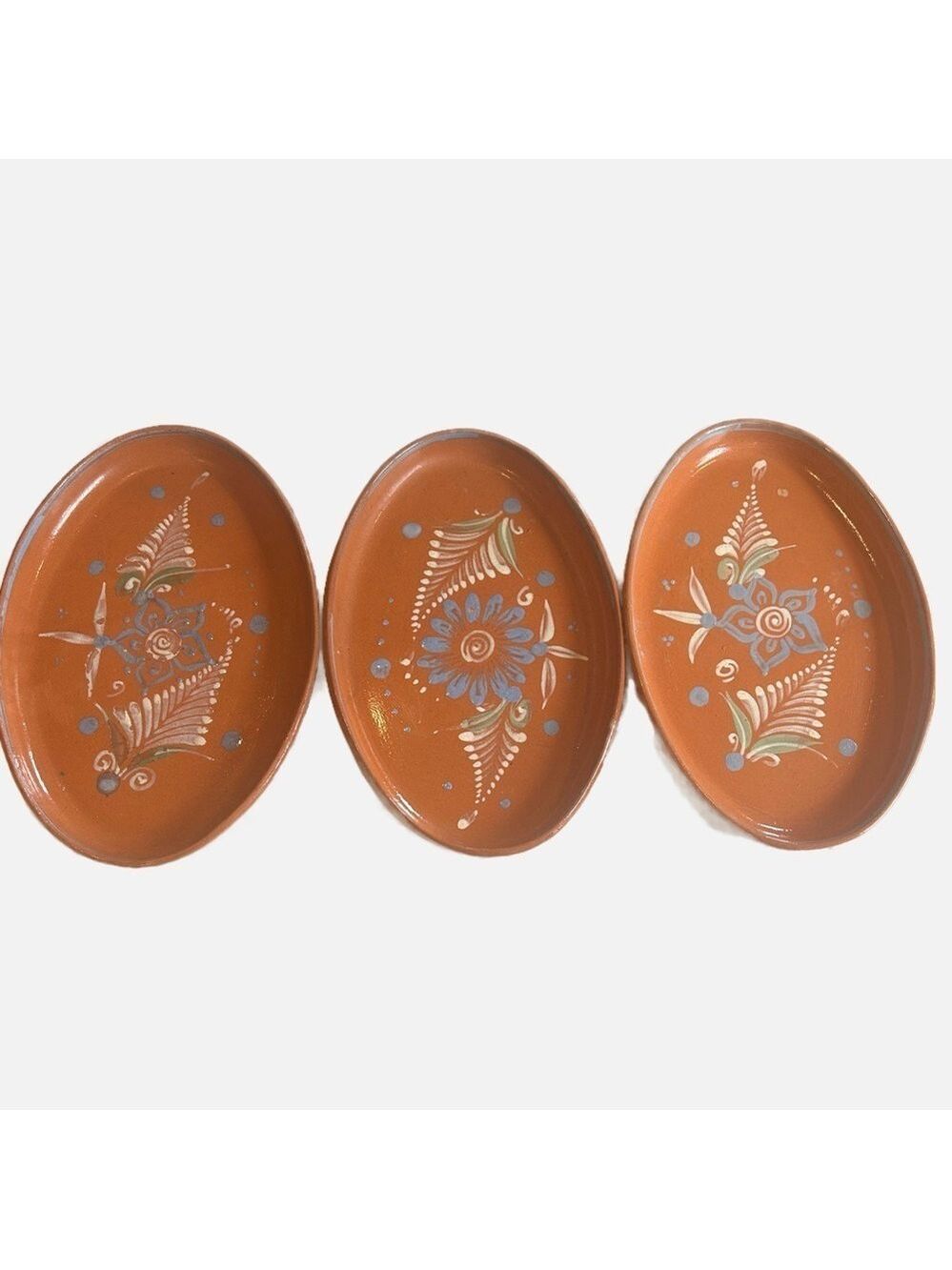 Vintage Large Terracotta Mexican El Palomar Oval Bowl Set of 3 Floral Lead Free